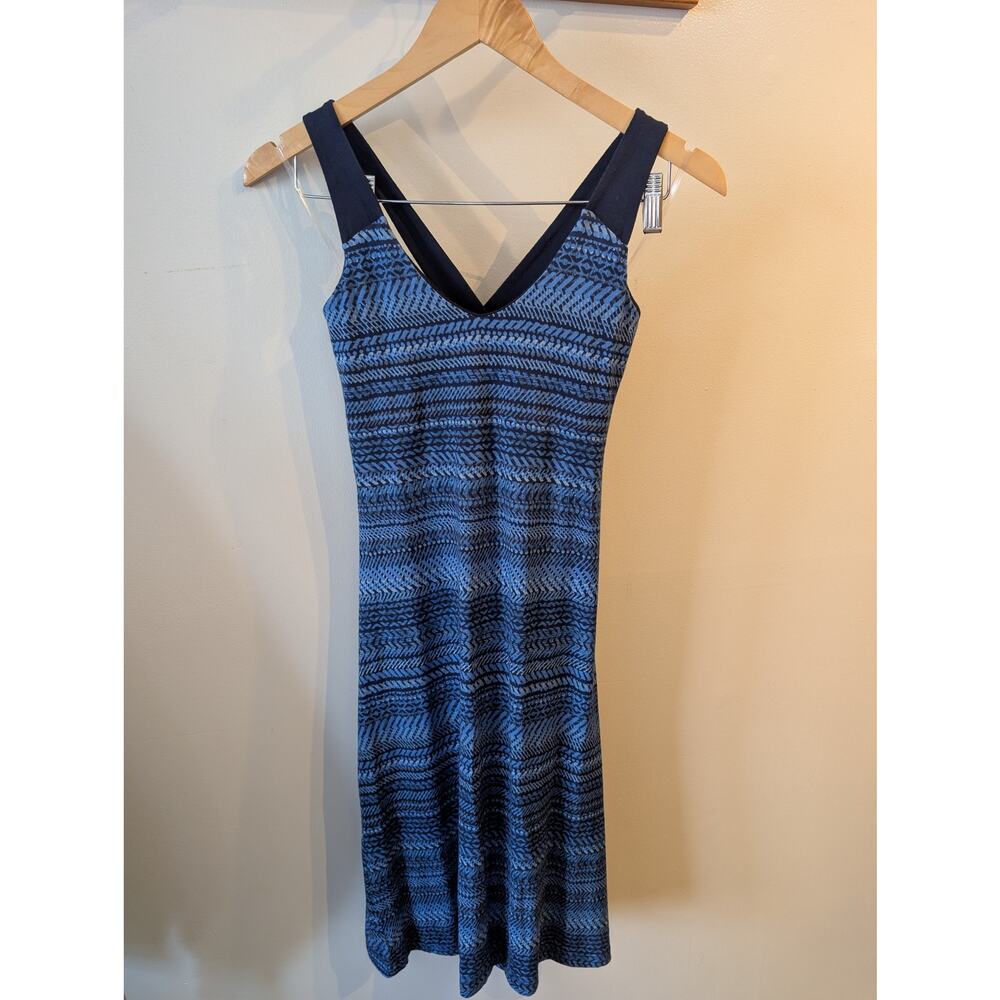 Ibex Merino Wool Blend Dress Blue Geometric Print V Neck Built In Bra XS/S